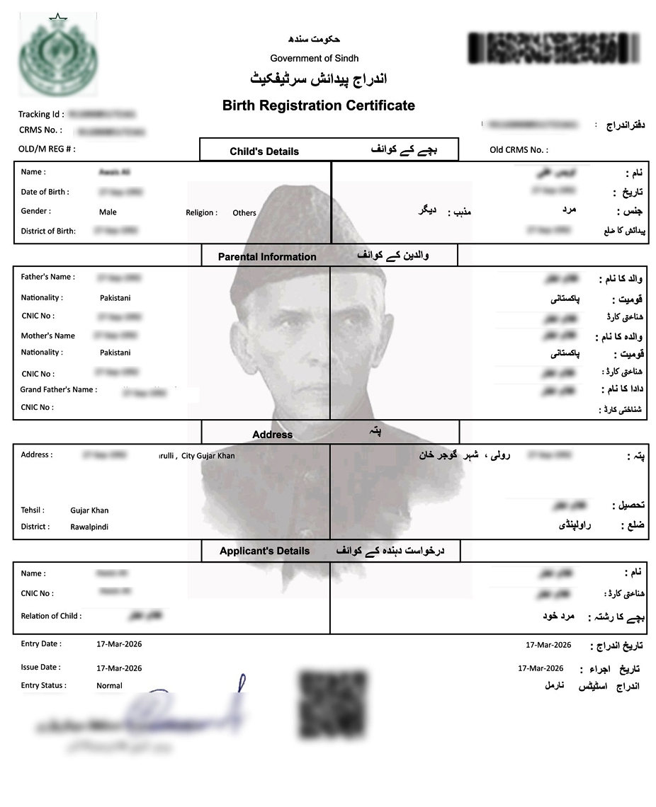Sample Karachi Birth Certificate