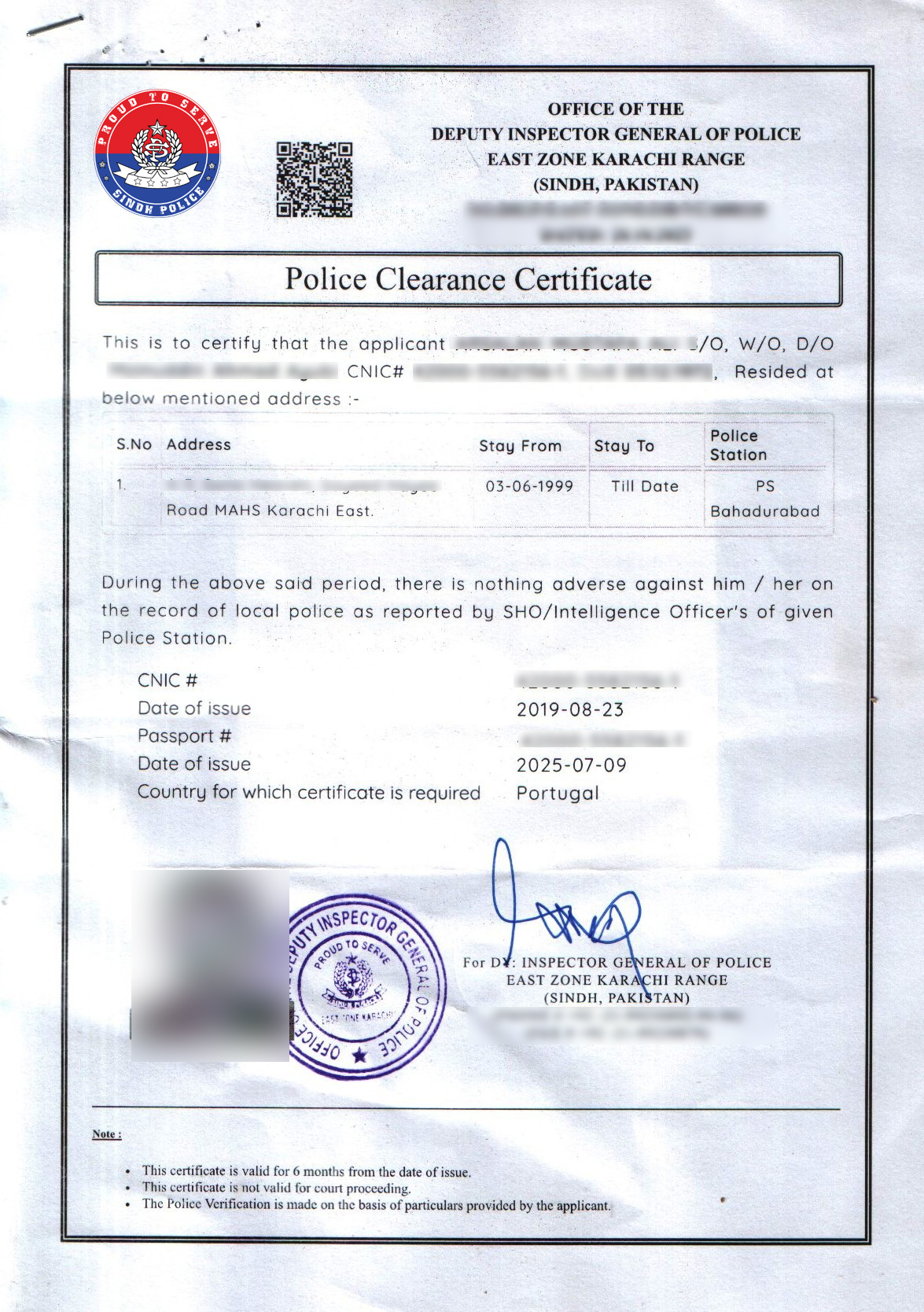 Sample Karachi Police Certificate