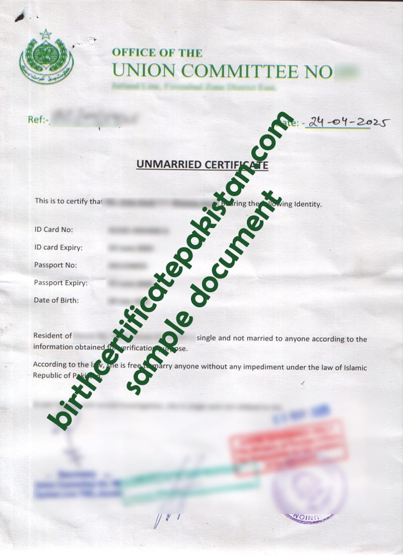 Sample Karachi Unmarried Certificate